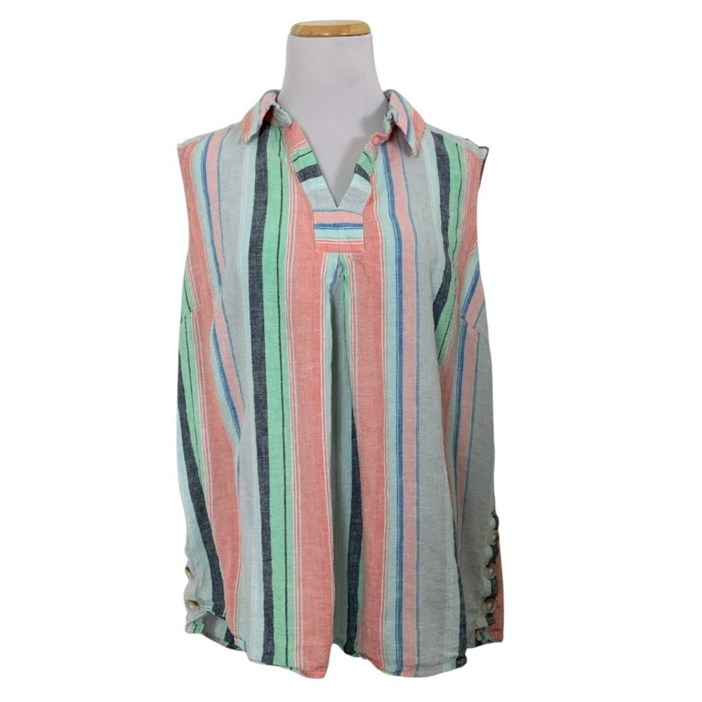Zac & Rachel Woman Linen Blend Sleeveless Tank Top Womens 1X Striped Collared